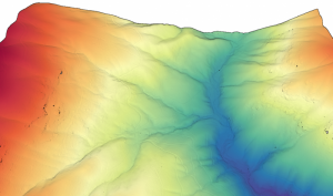 Section of Green River Gorge from figure above plotted as a 3D point cloud colored by elevation. (Credit: OpenTopography)