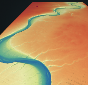 Point cloud colored by elevation of a river channel. (Credit: OpenTopography)