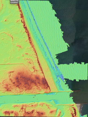 Hillshade draped on a Digital Surface Model (DSM) colored by elevation of the Port Mansfield Channel on Padre Island. (Credit: OpenTopography)