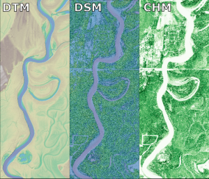 Panel of Digital Terrain Model, Digital Surface Model, and Canopy Height Model datasets over a section of the Trinity River. (Credit: OpenTopography)