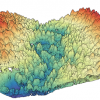 3D point cloud of a forested valley with points colored by elevation. Amaya creek runs through this section of the Soquel Demonstration State Forest in California.